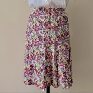 🟢 5/$25 Vintage Loft | 100% Linen Pleated Skirt in Pink, Purple & Yellow Floral